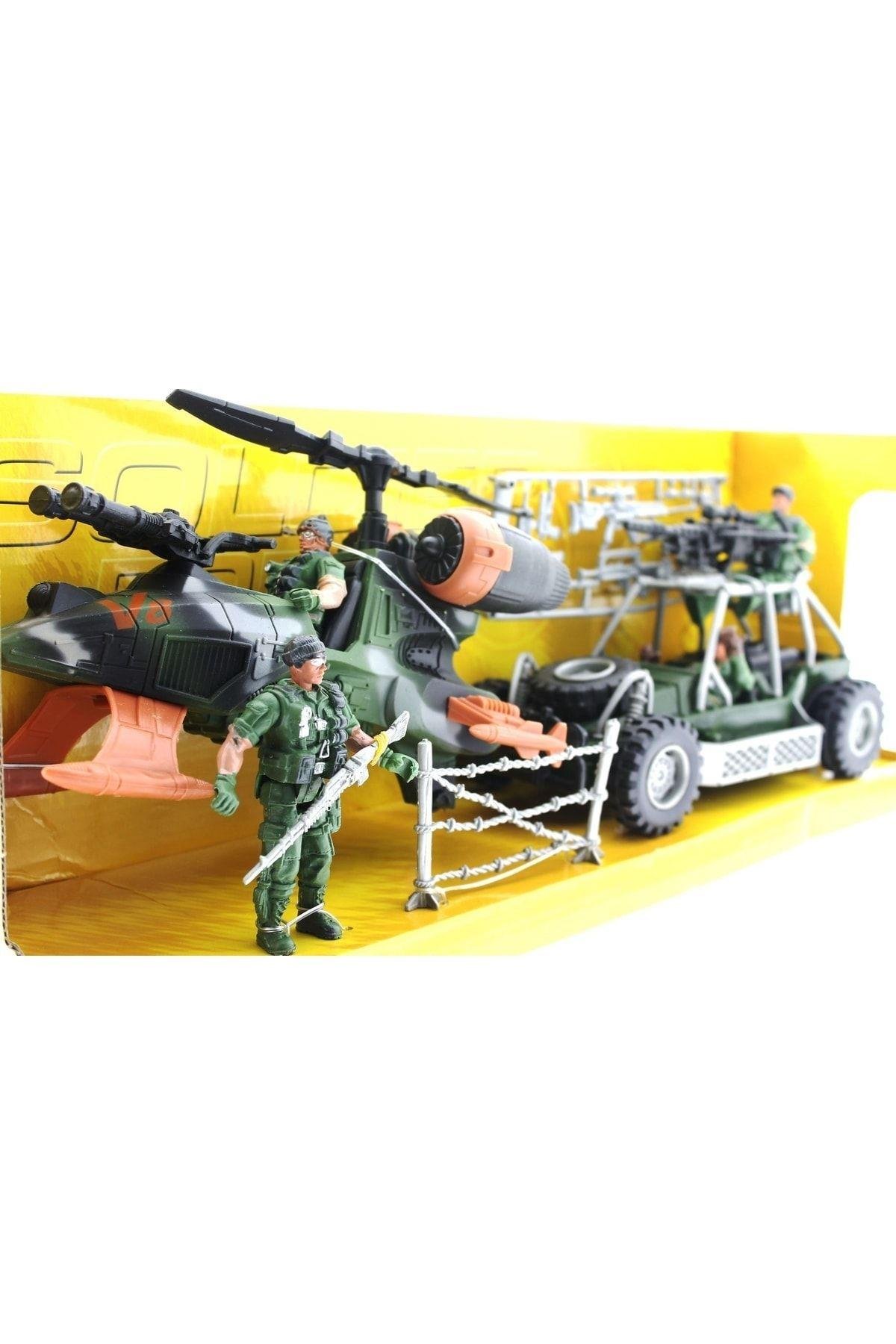 MEGA Unisex Çocuk Siyah Buggy Ve Helikopterli Askeri Oyun Seti-Araba Garaj ve Setleri