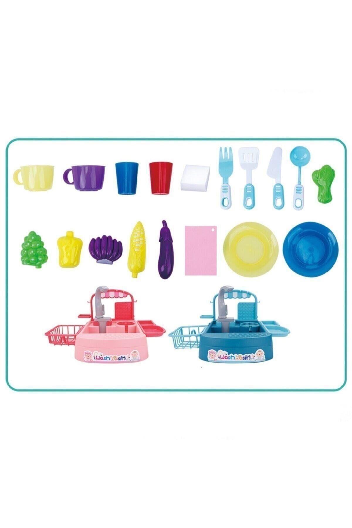 Oyuncak Bulaşık Yıkama Seti - Modern Çeşmeli Lavabo Oyun Seti Turkuaz Ve Pembe Rengi-Kız Rol Oyuncakları