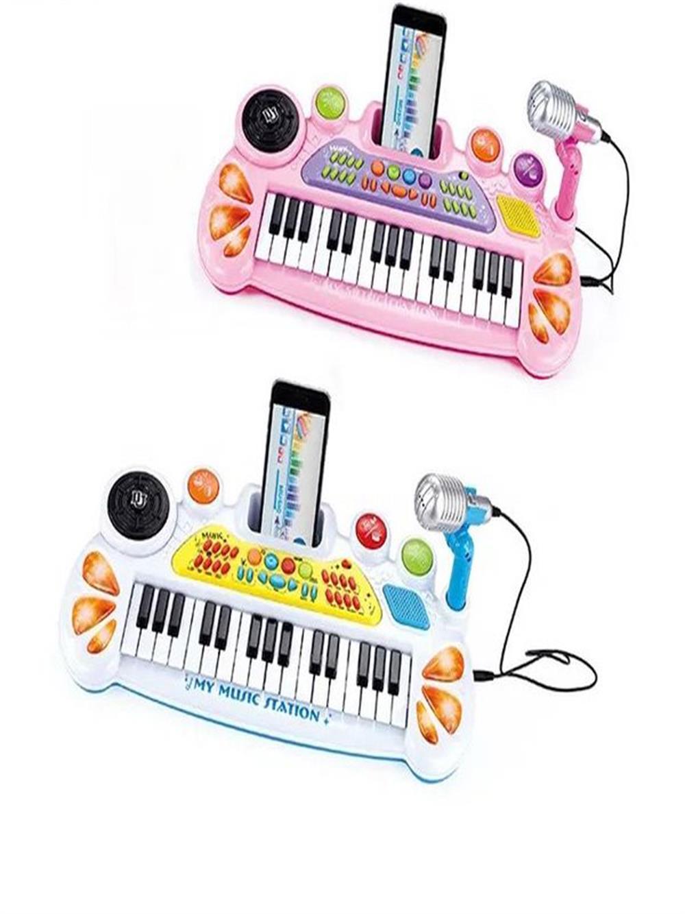 Oyuncak Mikrofonlu Tabureli Org 31 Tuşlu Işıklı (Pembe - Mavi)-Müzik Aletleri
