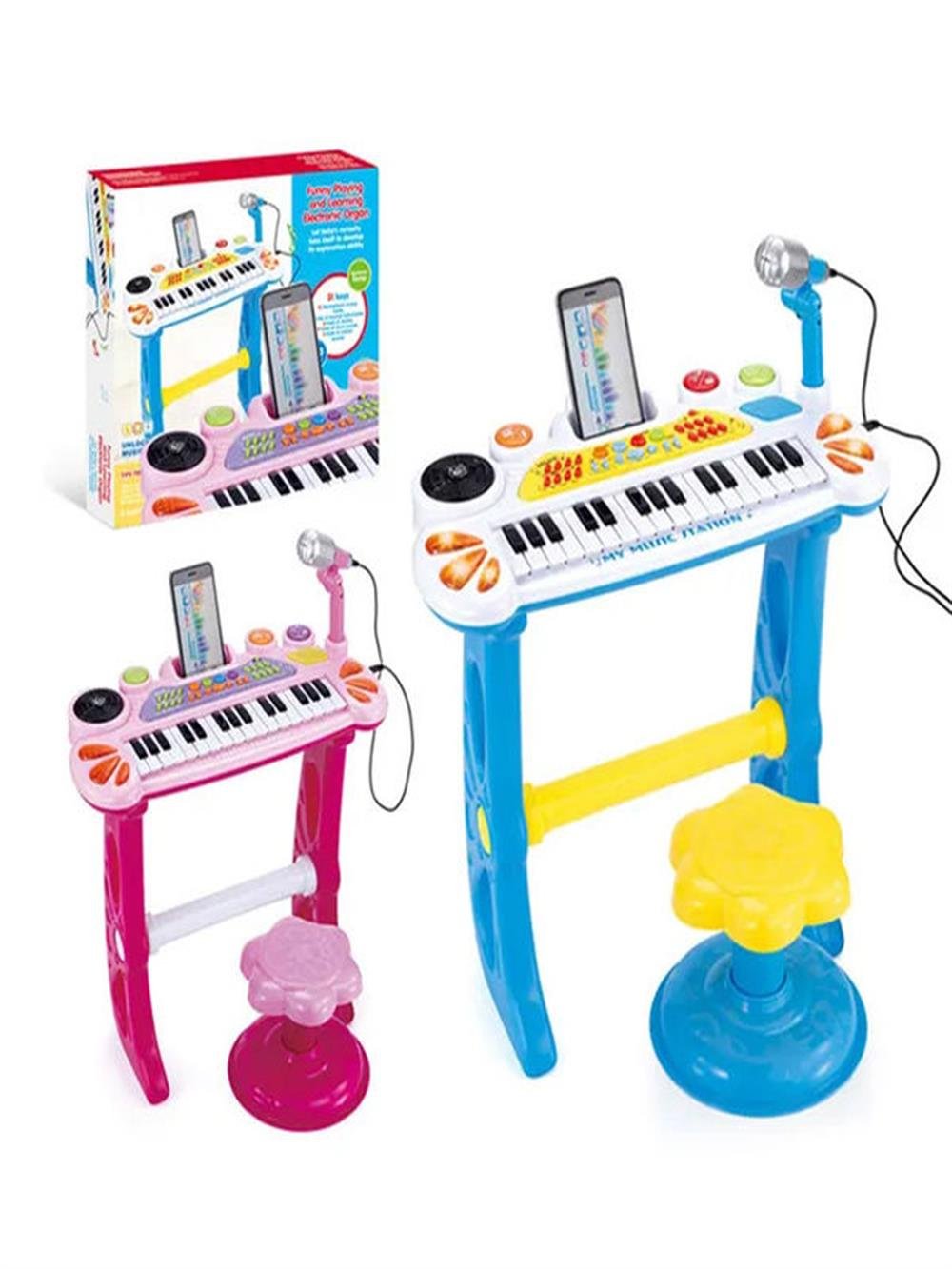 Oyuncak Mikrofonlu Tabureli Org 31 Tuşlu Işıklı (Pembe - Mavi)-Müzik Aletleri