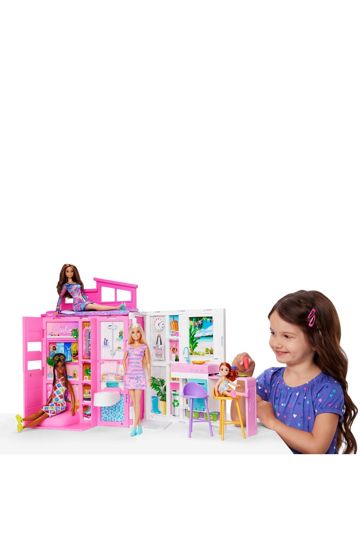 Portatif Tatil Evi™ Bebek ve Oyun Seti, 4 oyun alanı ve 11 dekorasyon aksesuarı HRJ77-Oyuncak Bebekler