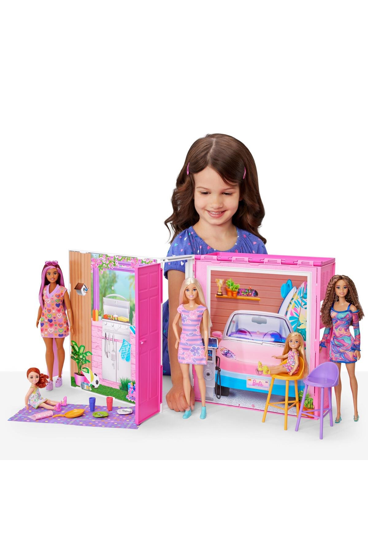 Portatif Tatil Evi™ Bebek ve Oyun Seti, 4 oyun alanı ve 11 dekorasyon aksesuarı HRJ77-Oyuncak Bebekler