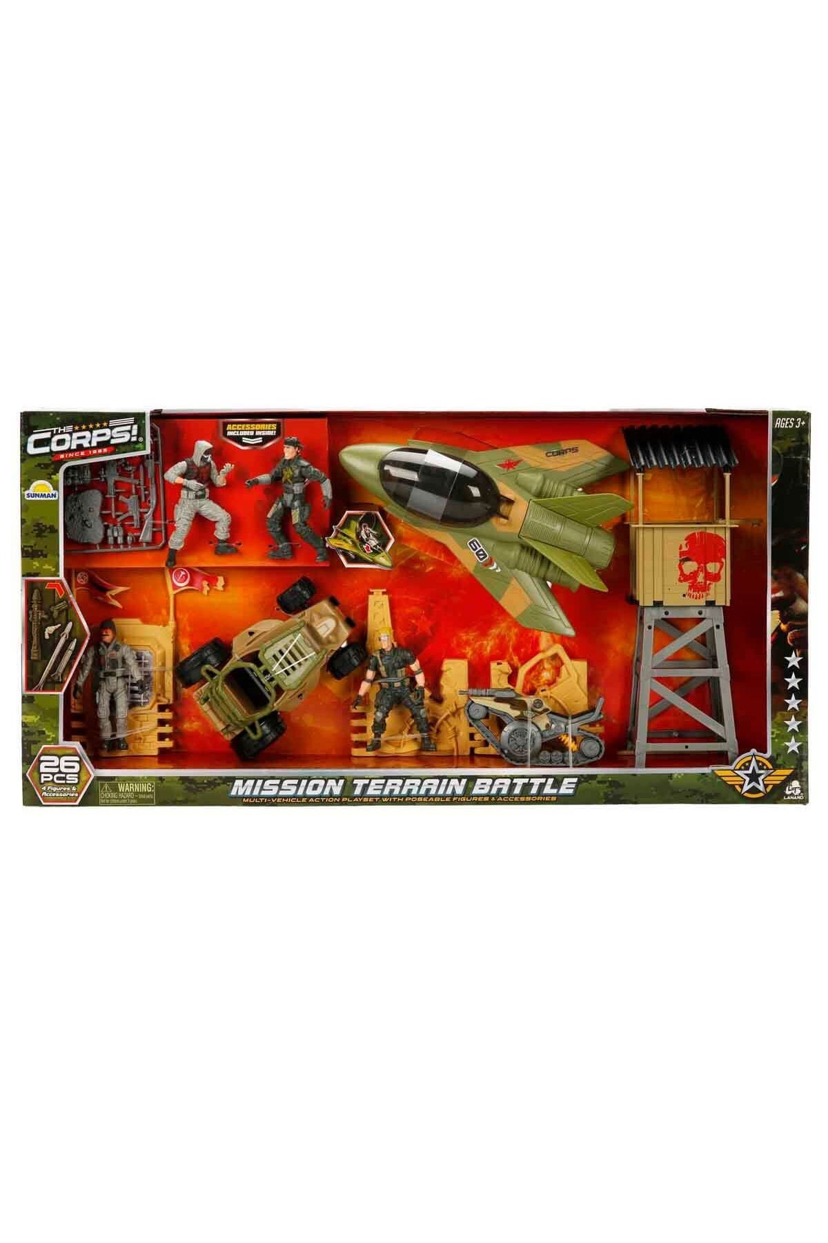 The Corps Mission Terrain Battle Askerî Oyun Seti – Jet, Tank, Arazi Aracı ve 4 Eklemli Asker Figür-Eğitici Oyuncaklar