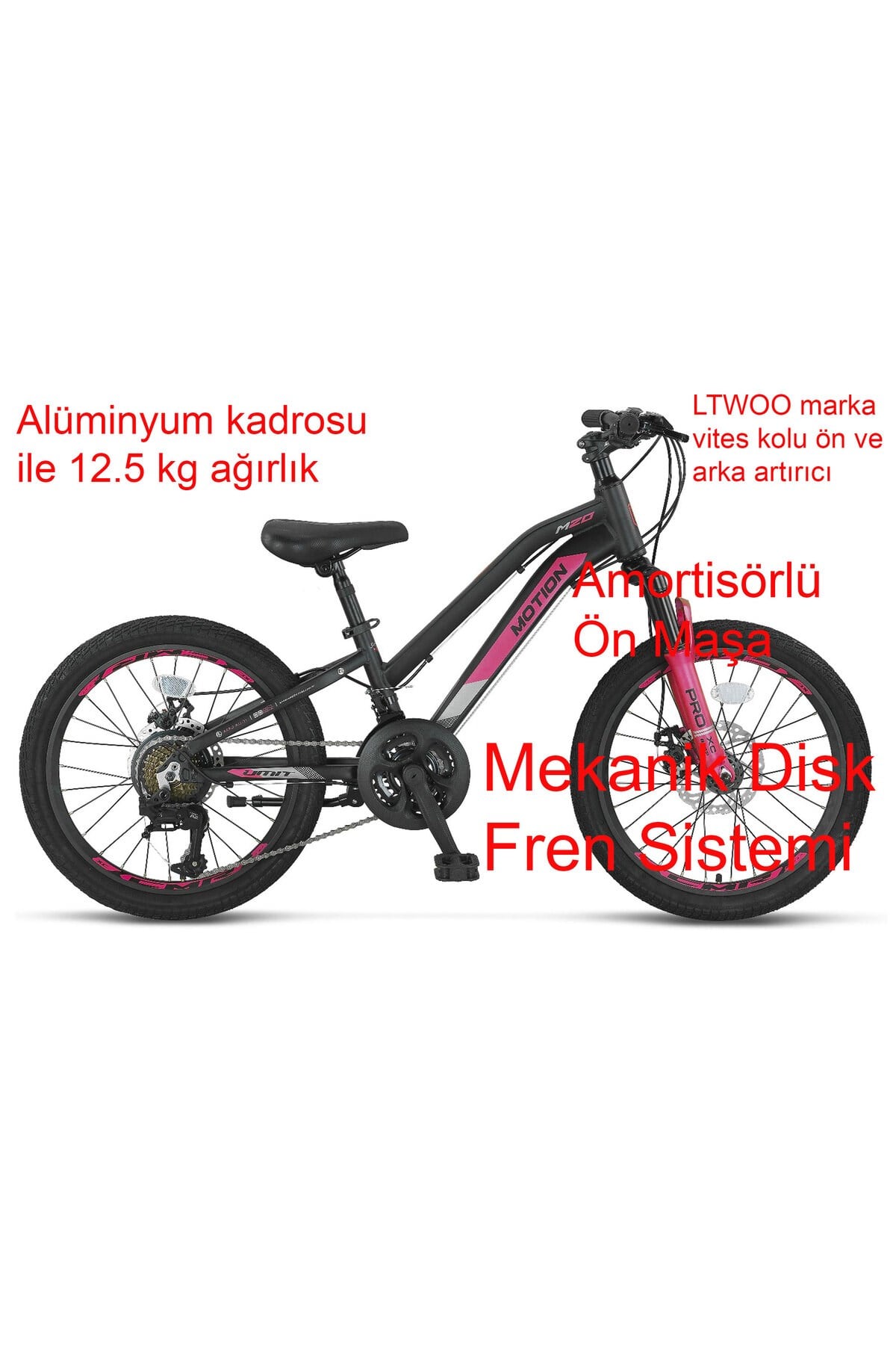 Ümit Motion 2079 MD 21 Vites 20 Jant Çocuk Bisikleti Siyah Pembe-Bisiklet