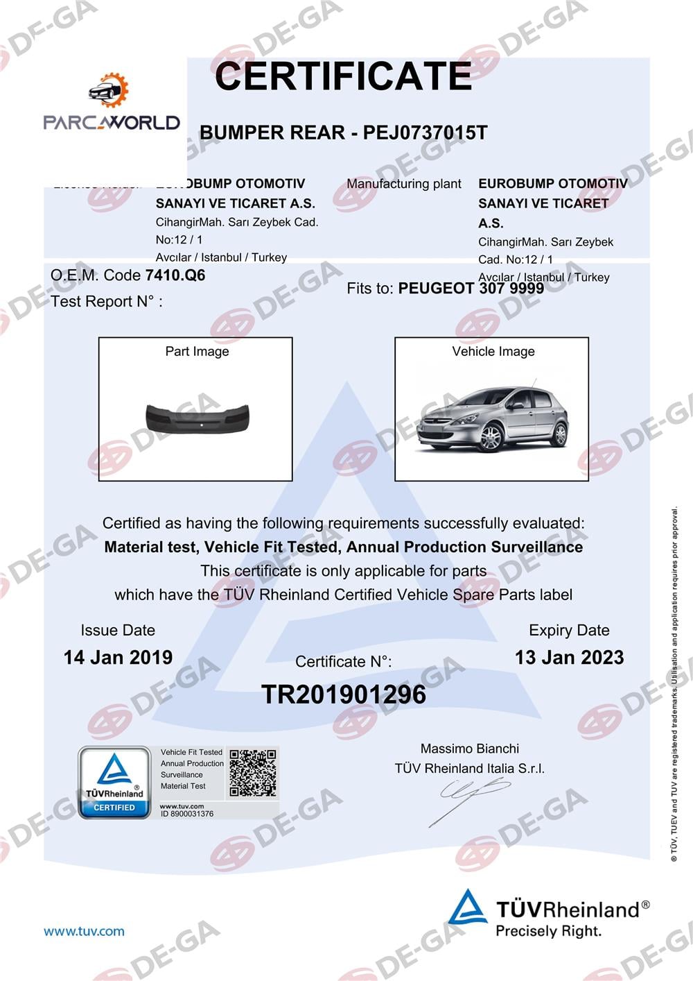 Peugeot 307 Arka Tampon Kompkuşaklı 0105 Tüv