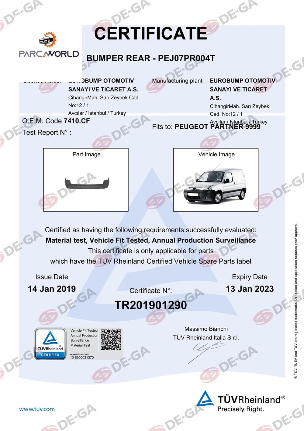 Peugeot Partner Arka Tampon 9608 Tüv