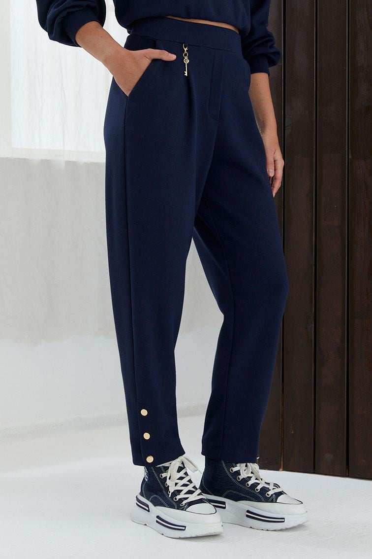 Paça Düğme Detaylı Lacivert Pantolon