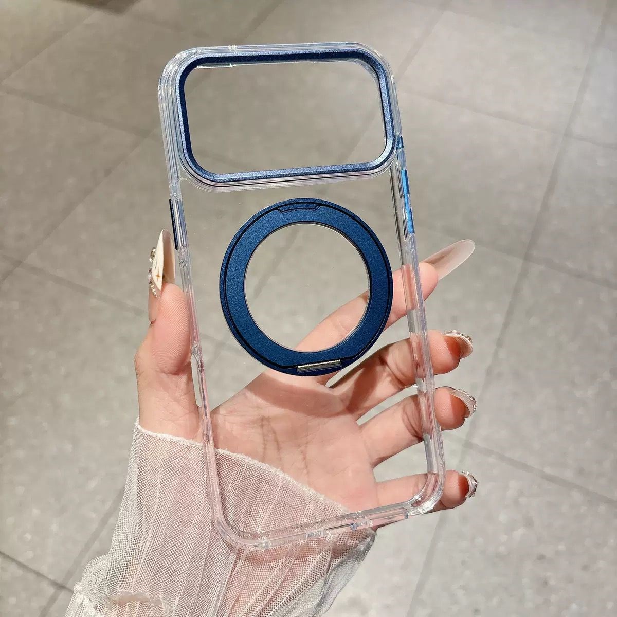 Armor Standlı Premium Sararmaz Şeffaf iPhone Kılıfı Mavi Renkli