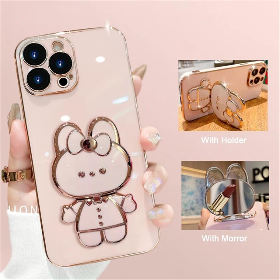 Aynalı Standlı Cute Cat Tavşan Kamera Korumalı Lazer Kılıf Yeşil