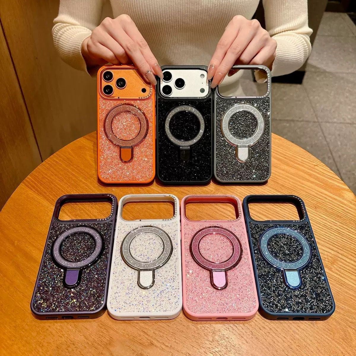 Bling Full Taşlı Standlı Magsafe Özellikli Kılıf Titanyum Renkli