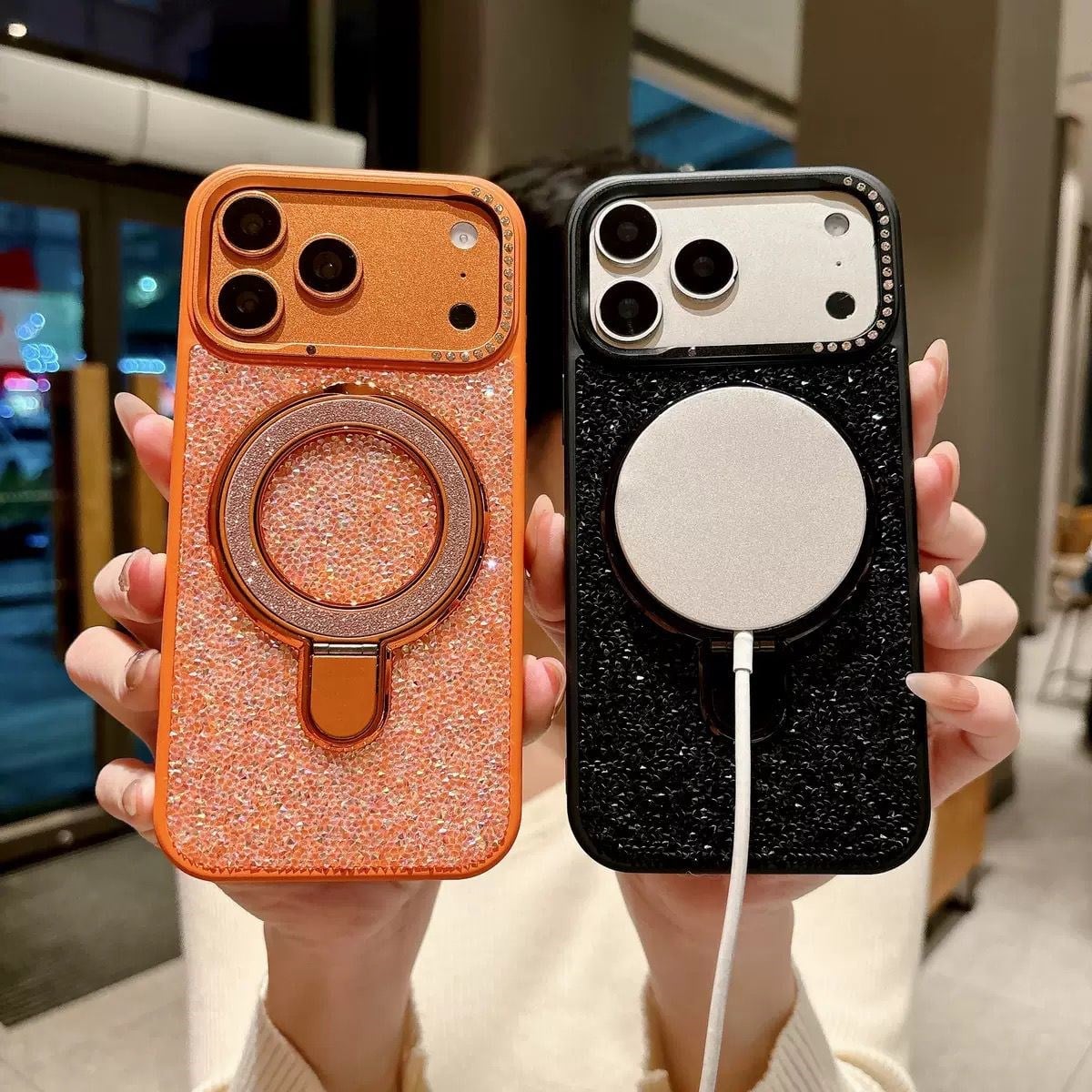 Bling Full Taşlı Standlı Magsafe Özellikli Kılıf Titanyum Renkli