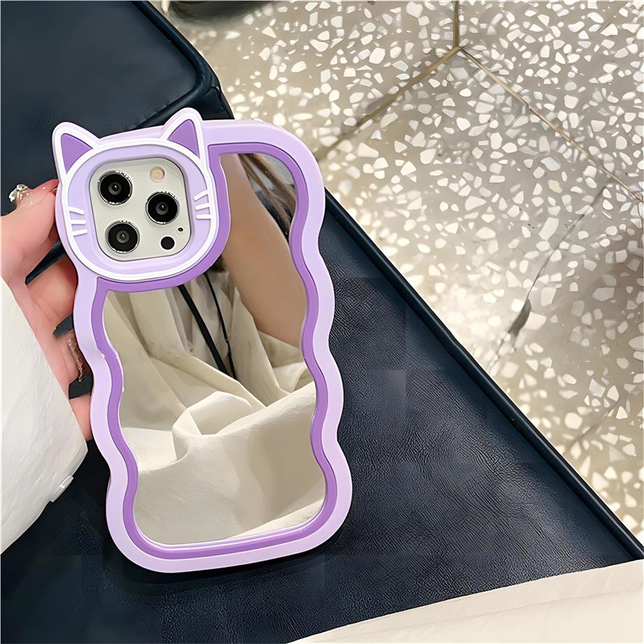 Cute Cat Aynalı Silikon Telefon Kılıfı Lila Renkli