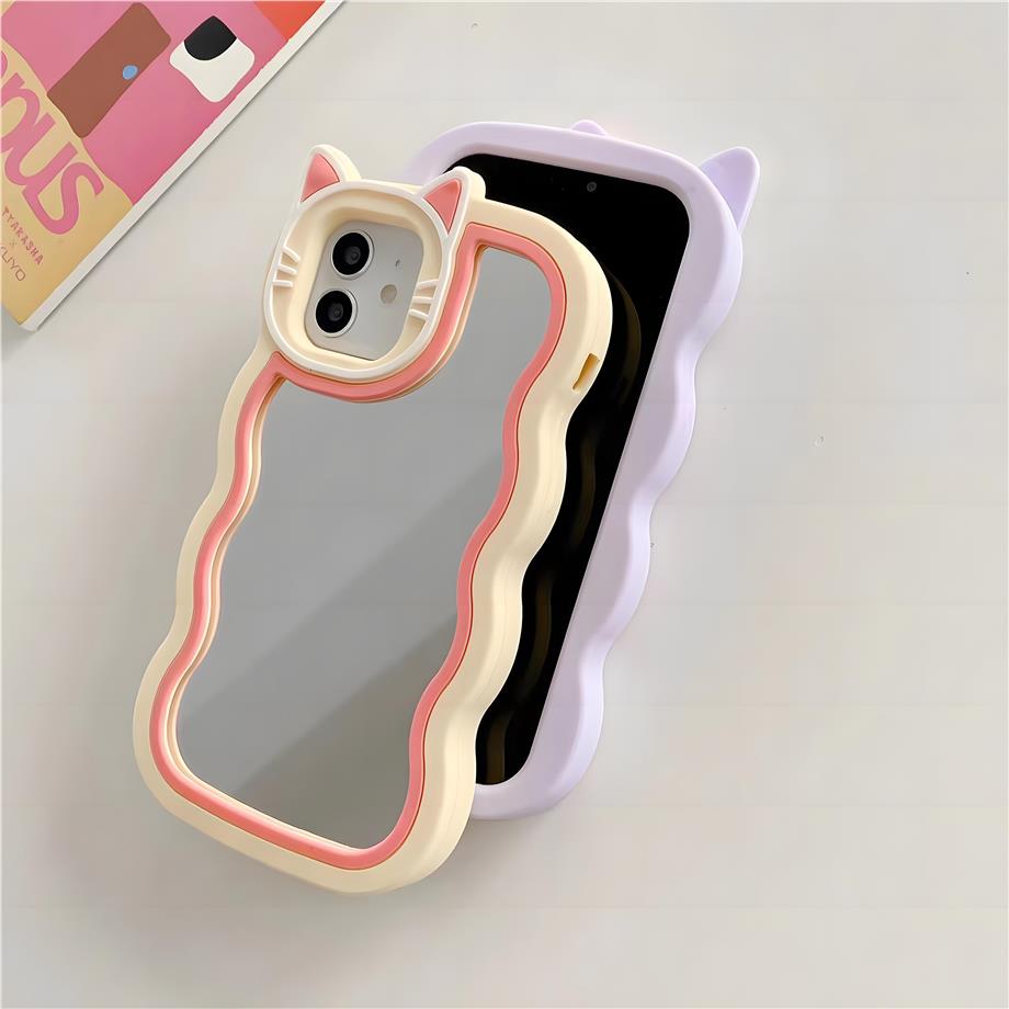 Cute Cat Aynalı Silikon Telefon Kılıfı Lila Renkli