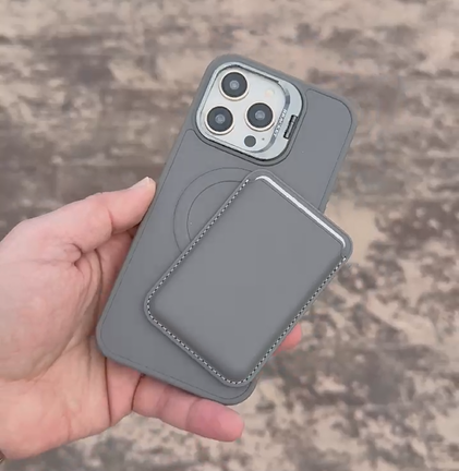 D-Ming Magsafe Özellikli Cüzdanlı Kartlıklı Standlı  Telefon Kılıfı Titanyum Renkli