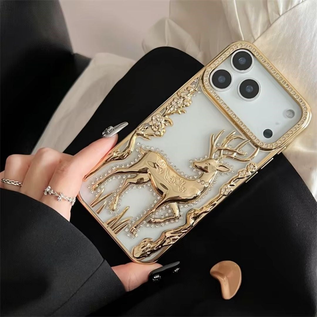 Elite Deer Parlak Taşlı Silikon Telefon Kılıfı Gold Renkli