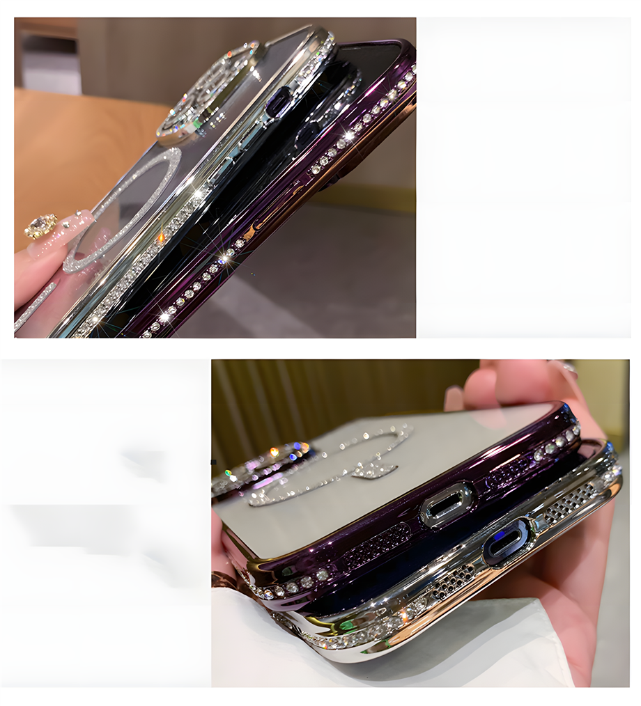 Kamera Korumalı Full Taşlı Magsafe Telefon Kılıfı Pembe Renkli