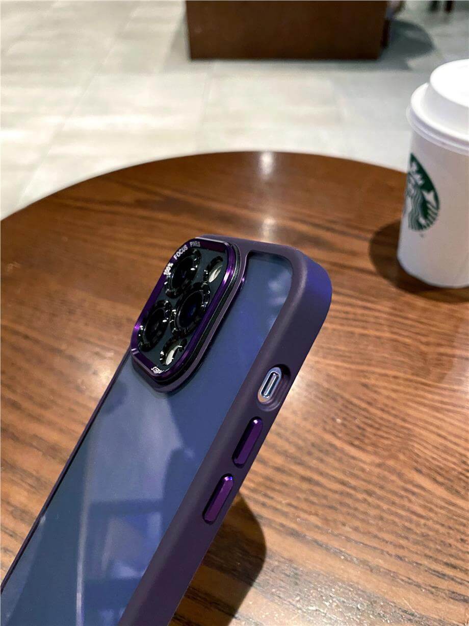 Kamera Korumalı Sararmaz Plexi Cam Krom Çerçeveli Luxury Telefon Kılıfı Siyah Renkli