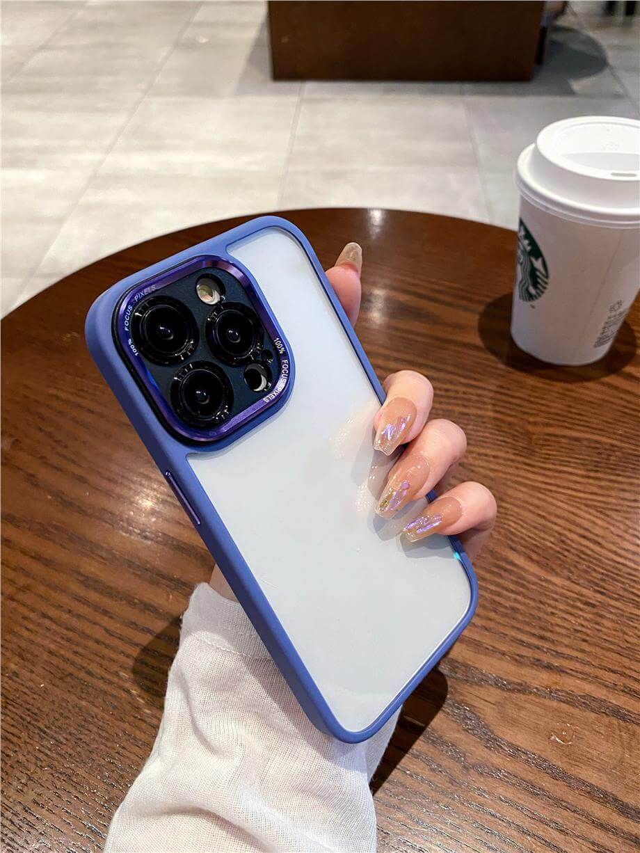 Kamera Korumalı Sararmaz Plexi Cam Krom Çerçeveli Luxury Telefon Kılıfı Mavi Renkli