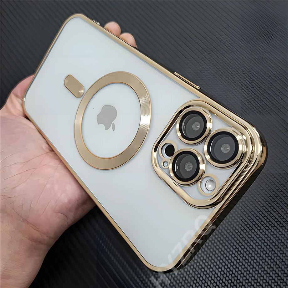 Kamera Ve Lens Korumalı Kenarları Renkli Arkası Şeffaf Magsafe Luxury Silikon Kılıf Gold