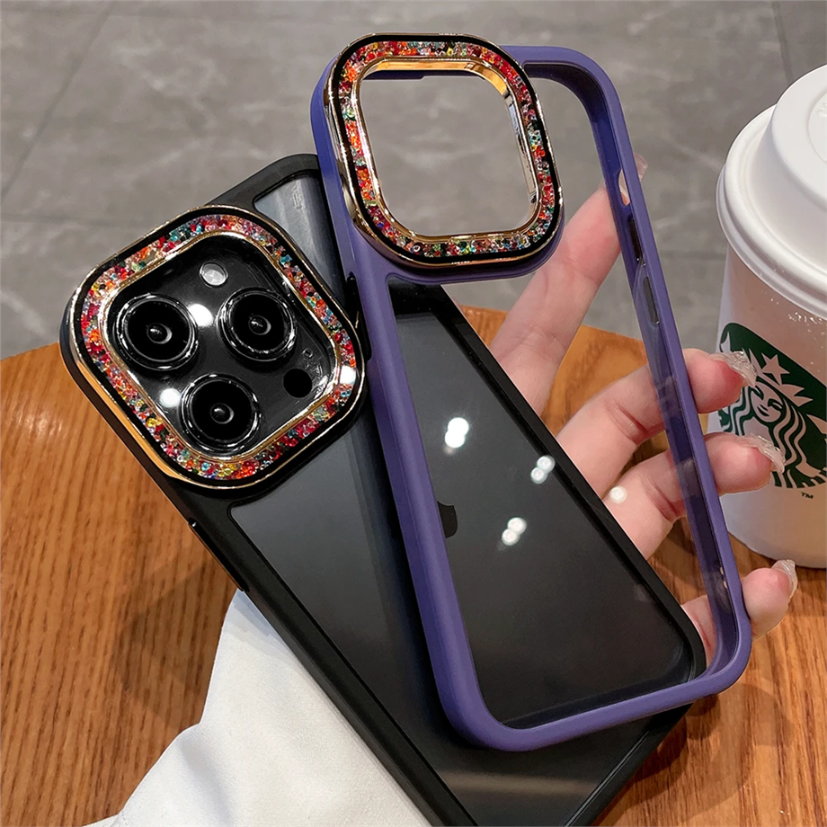 Kamerası Taşlı Arkası Camlı Metal Tuşlu Still Telefon Kılıf Mavi Renkli
