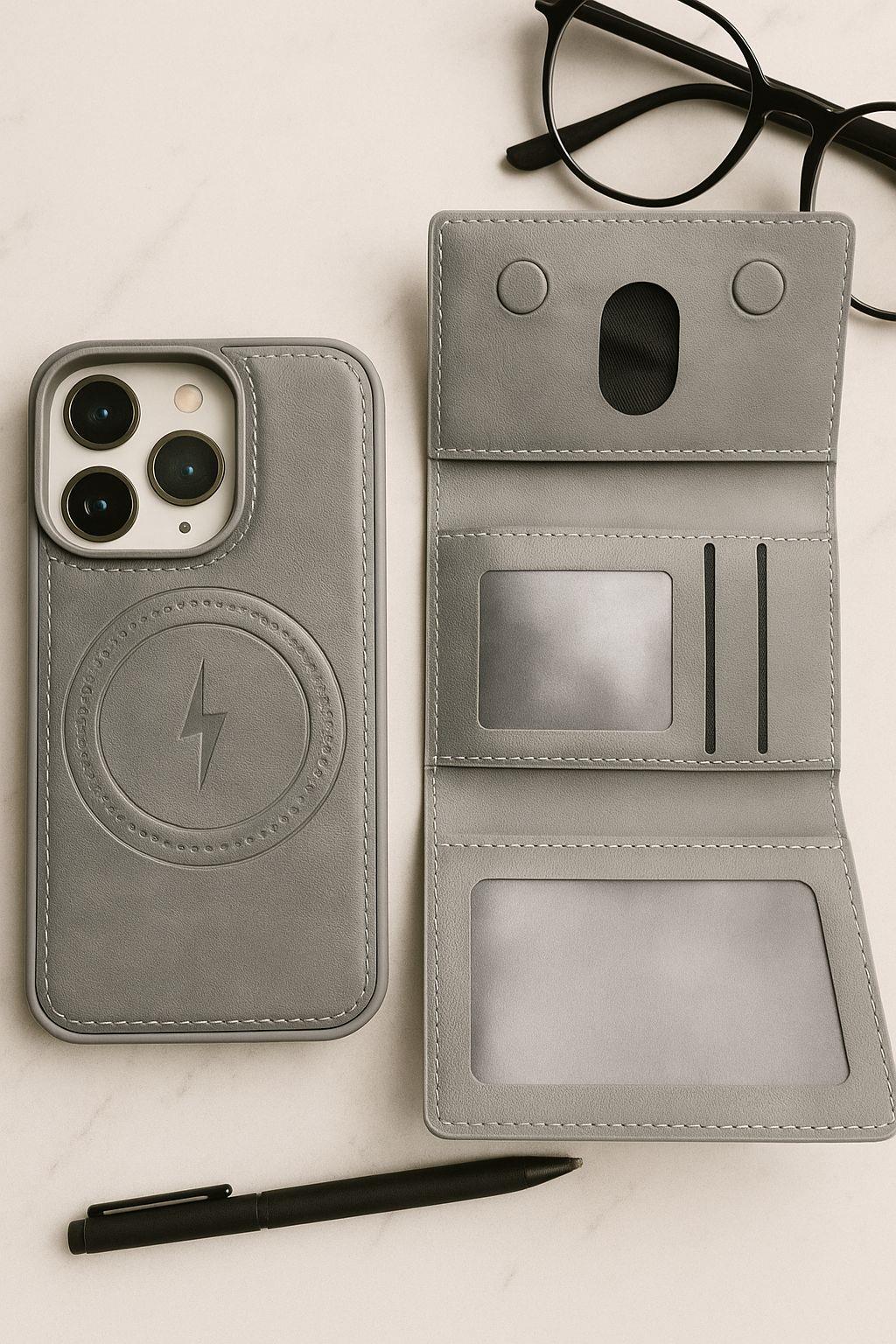 Karmen Deri Magnetic Magsafe CüzdanTelefon Kılıfı Gri Renkli