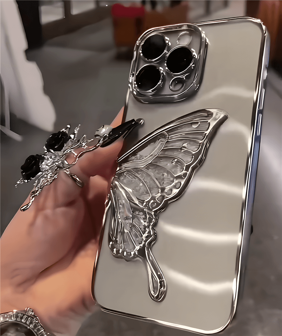 Kelebek Figürlü Sulu ve Simli Kamera ve Lens Korumalı Şeffaf Silikon Telefon Kılıfı Gümüş