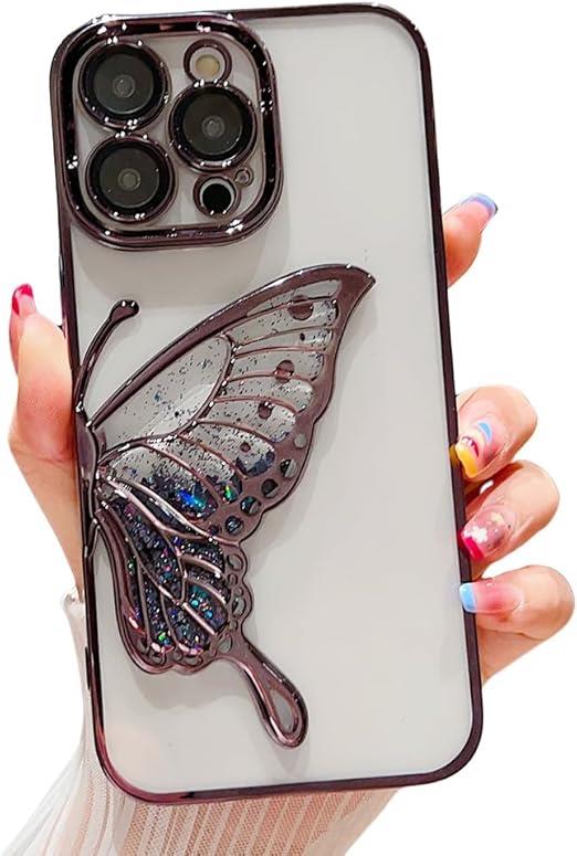 Kelebek Figürlü Sulu ve Simli Kamera ve Lens Korumalı Şeffaf Silikon Telefon Kılıfı Siyah