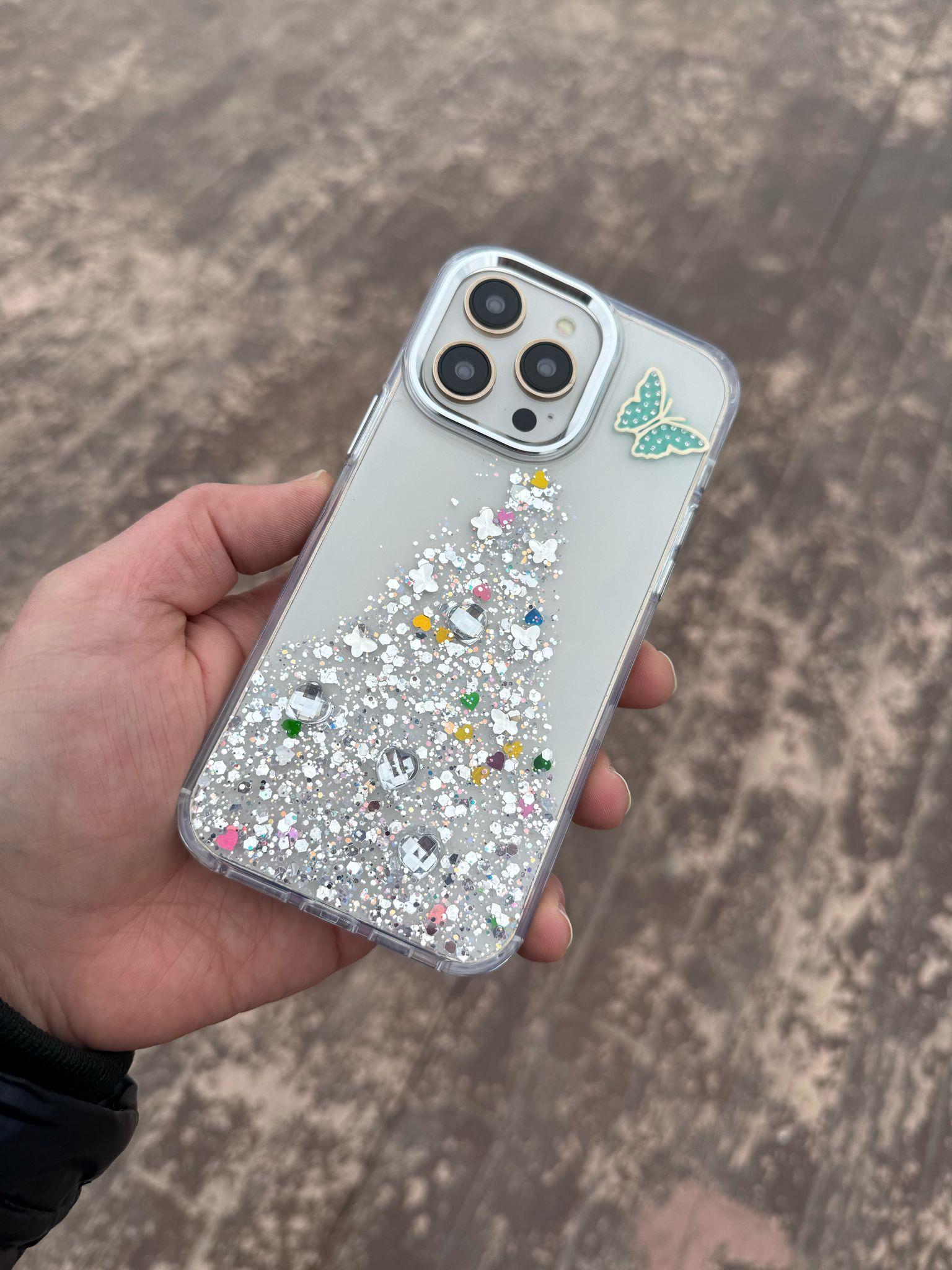 Kelebek Tasarım Taşlı Simli Silikon Telefon Kılıfı Desen-5