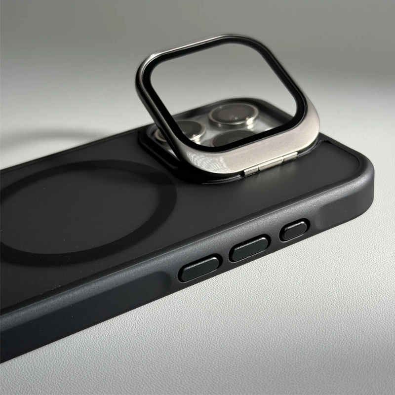 Kingtech Kamera Kısmı Cam Kapaklı Standlı Magsafe Telefon Kılıfı Lacivert Renkli