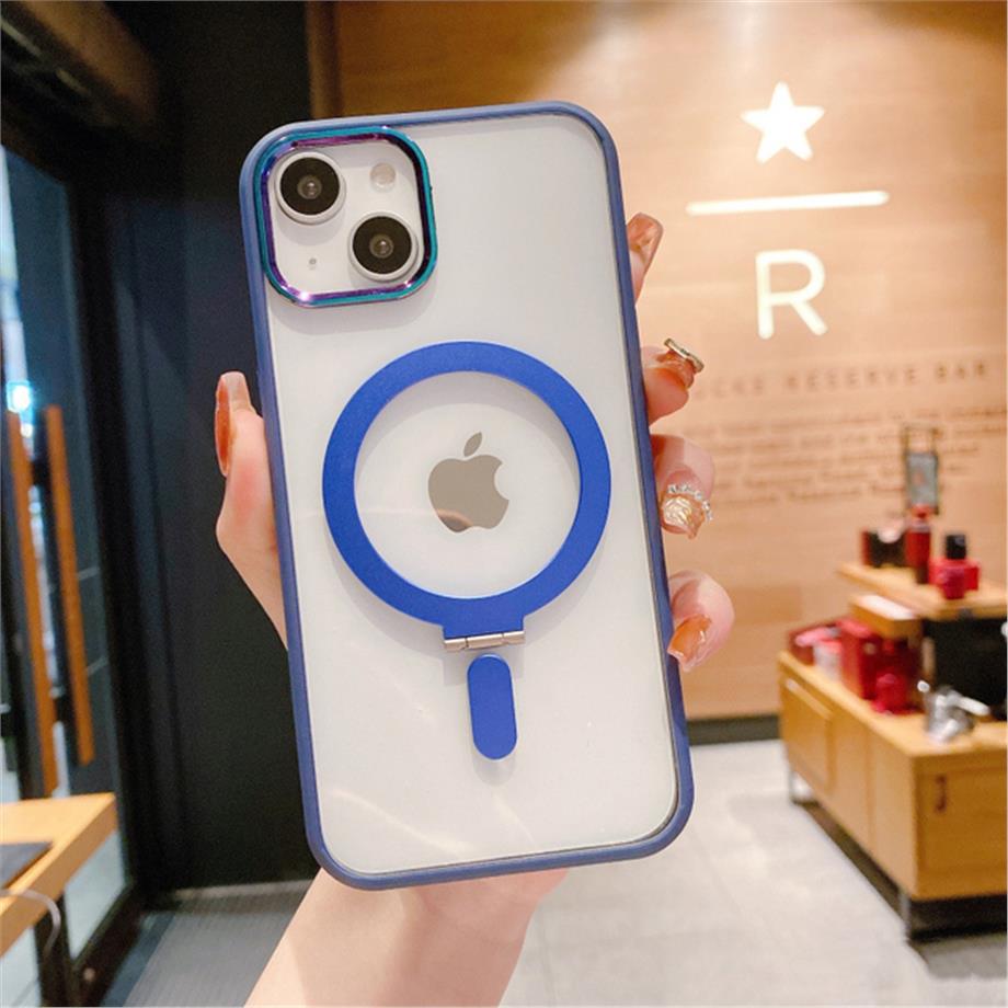 Krom Metal Tuşlu Standlı Magsafe Luxury Kılıf Koyu Mavi