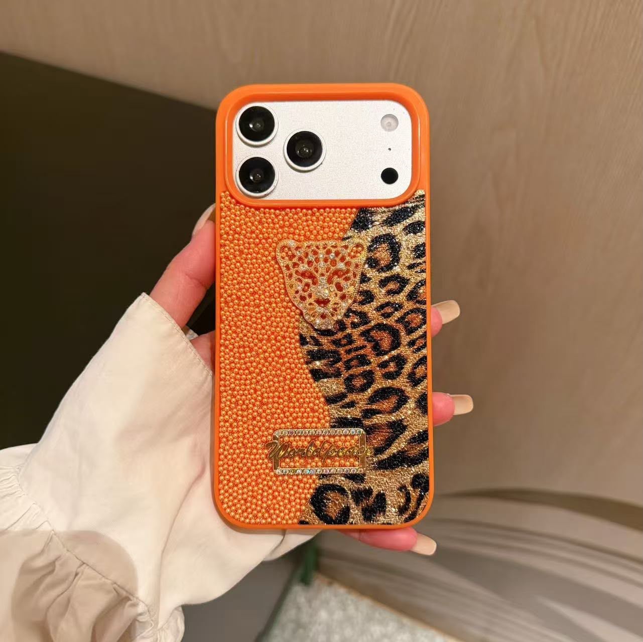 Luxury Leopar İnci Motifli Kılıf Turuncu Renkli