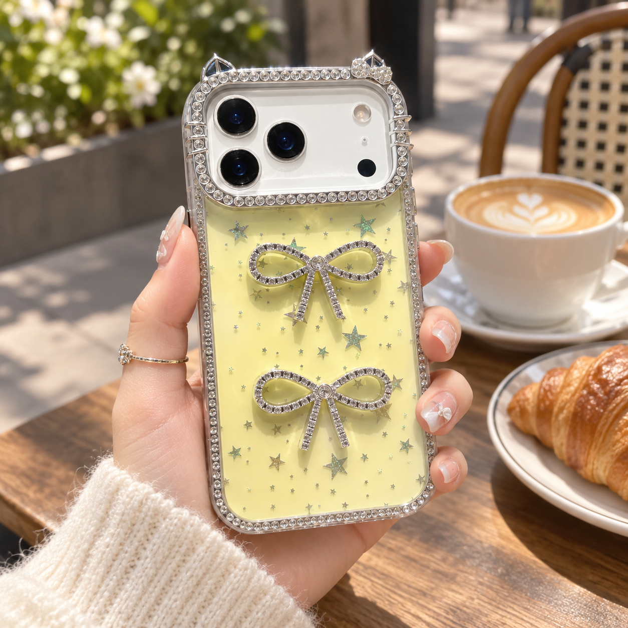 Luxury Simli Fiyonklu MagSafe Özellikli Kılıf Sarı Renkli