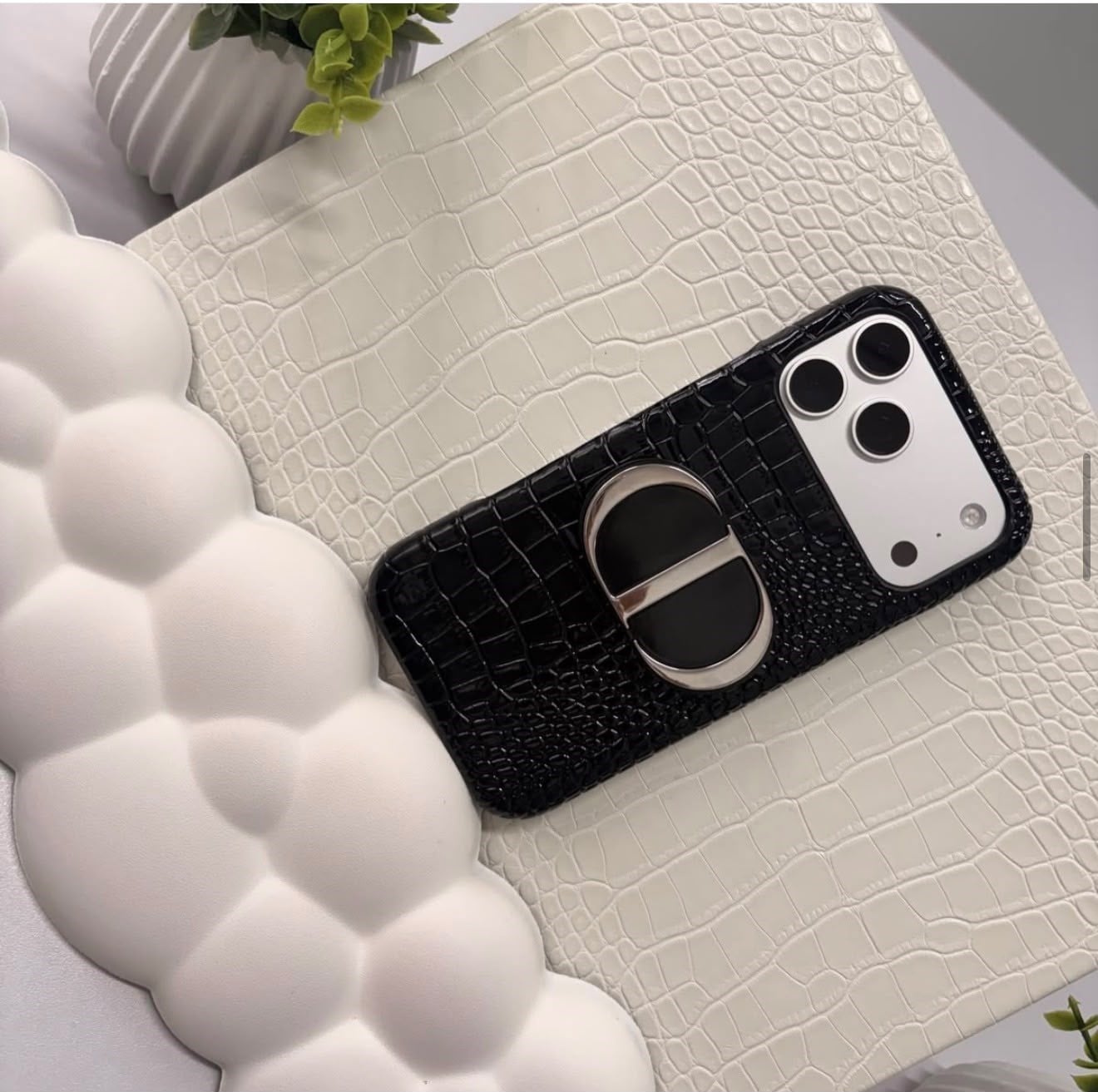 Luxury Snake Deri Görünmlü Dior Aynalı Kılıf Siyah Renkli