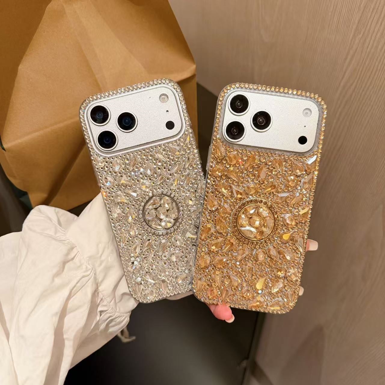 Luxury Yüzüklü Full Taşlı Kılıf Gold Renkli
