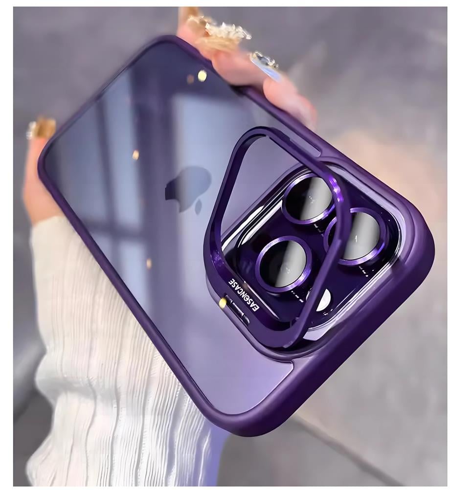 Metal Çerçeveli Kamera ve Lens Korumalı Standlı Telefon Kılıfı  Lacivert Renkli