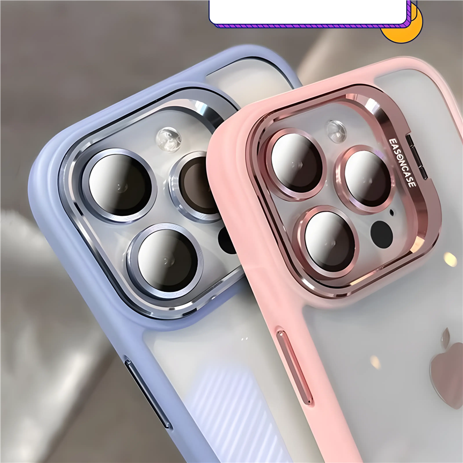 Metal Çerçeveli Kamera ve Lens Korumalı Standlı Telefon Kılıfı  Lacivert Renkli