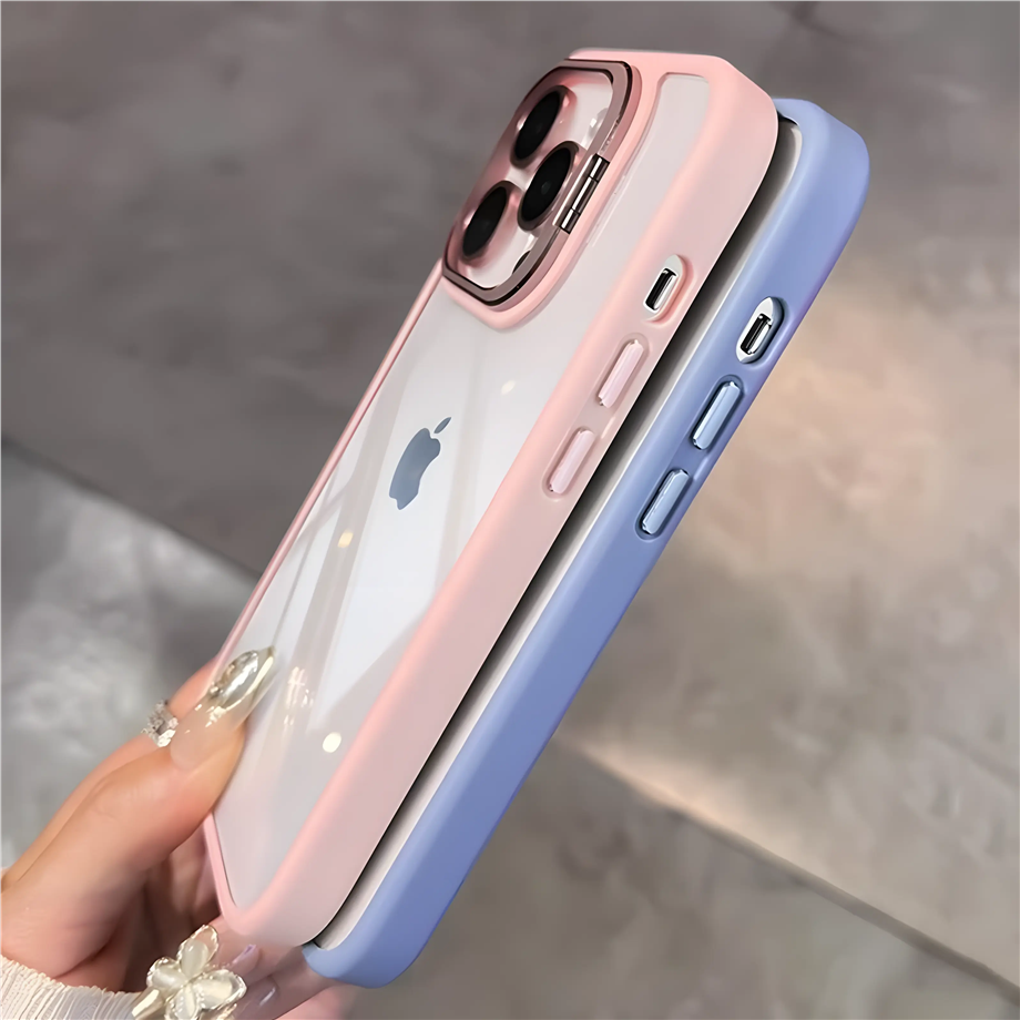 Metal Çerçeveli Kamera ve Lens Korumalı Standlı Telefon Kılıfı  Lacivert Renkli