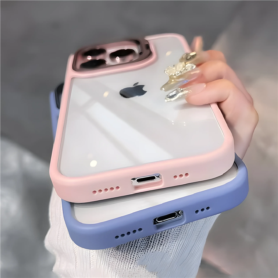 Metal Çerçeveli Kamera ve Lens Korumalı Standlı Telefon Kılıfı  Lacivert Renkli