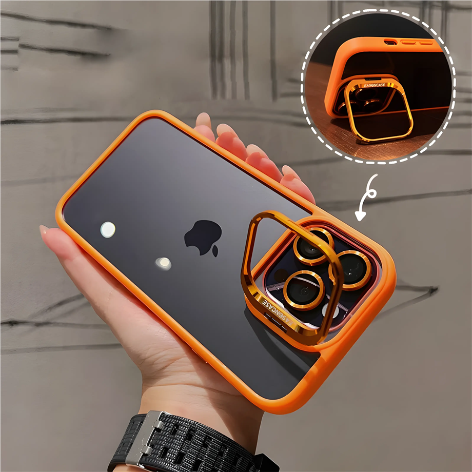 Metal Çerçeveli Kamera ve Lens Korumalı Standlı Telefon Kılıfı  Lacivert Renkli