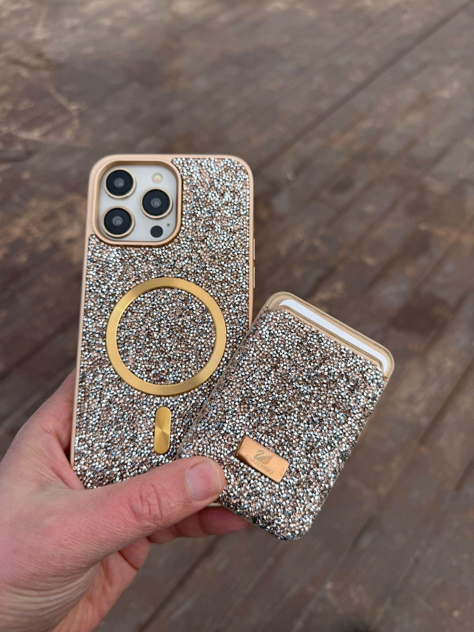 Swaroski Taşlı Magsafe Özelikli Kartlıklı ÇÖL TİTANYUM renk Telefon Kılıfı