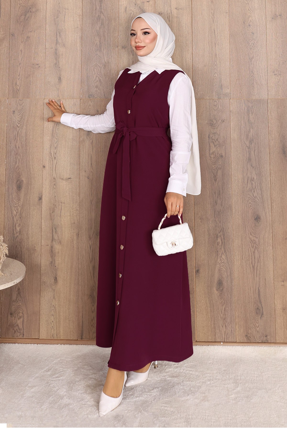 Alara V Yaka Kuşaklı Düğmeli Jile Mürdüm 1310 
