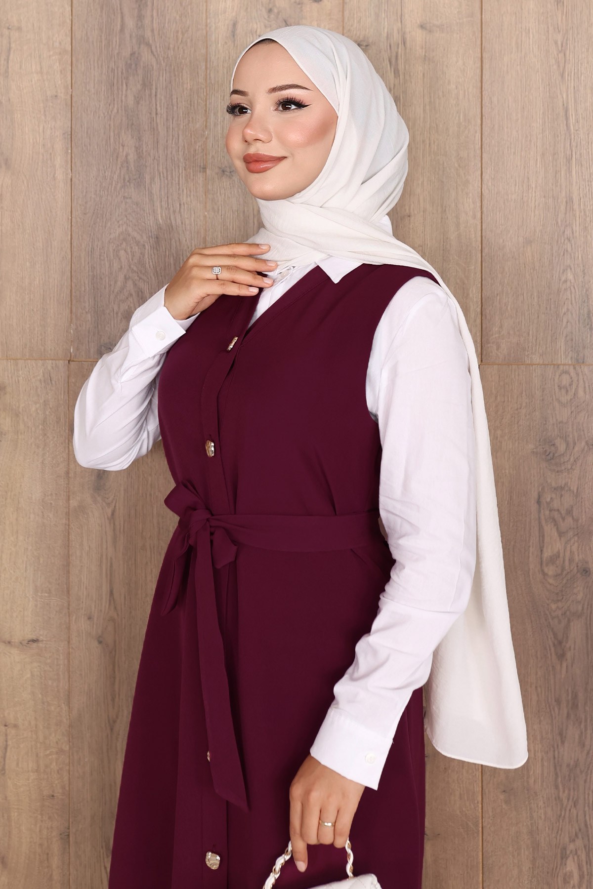 Alara V Yaka Kuşaklı Düğmeli Jile Mürdüm 1310 