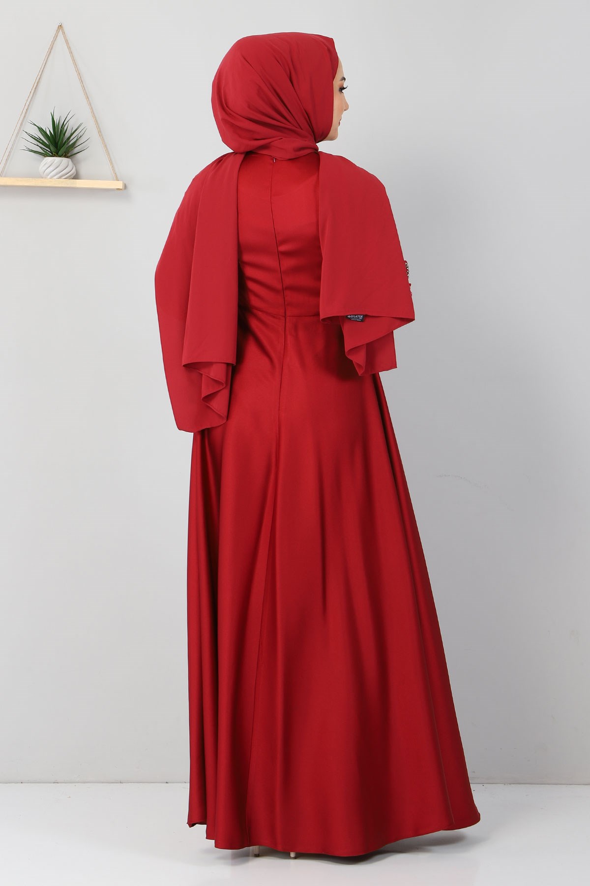 Aplike Dantelli Elbise Bordo 8494