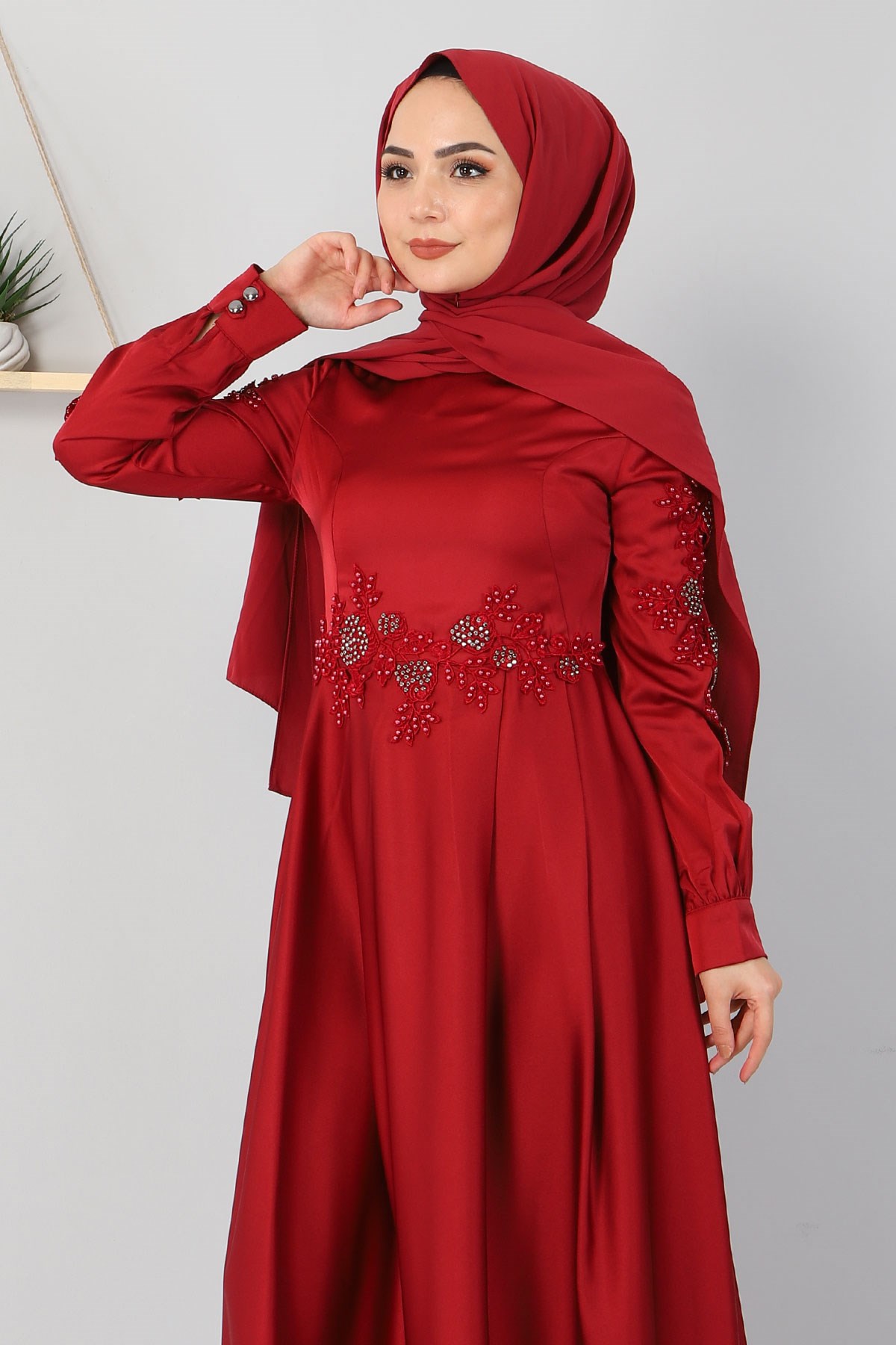 Aplike Dantelli Elbise Bordo 8494