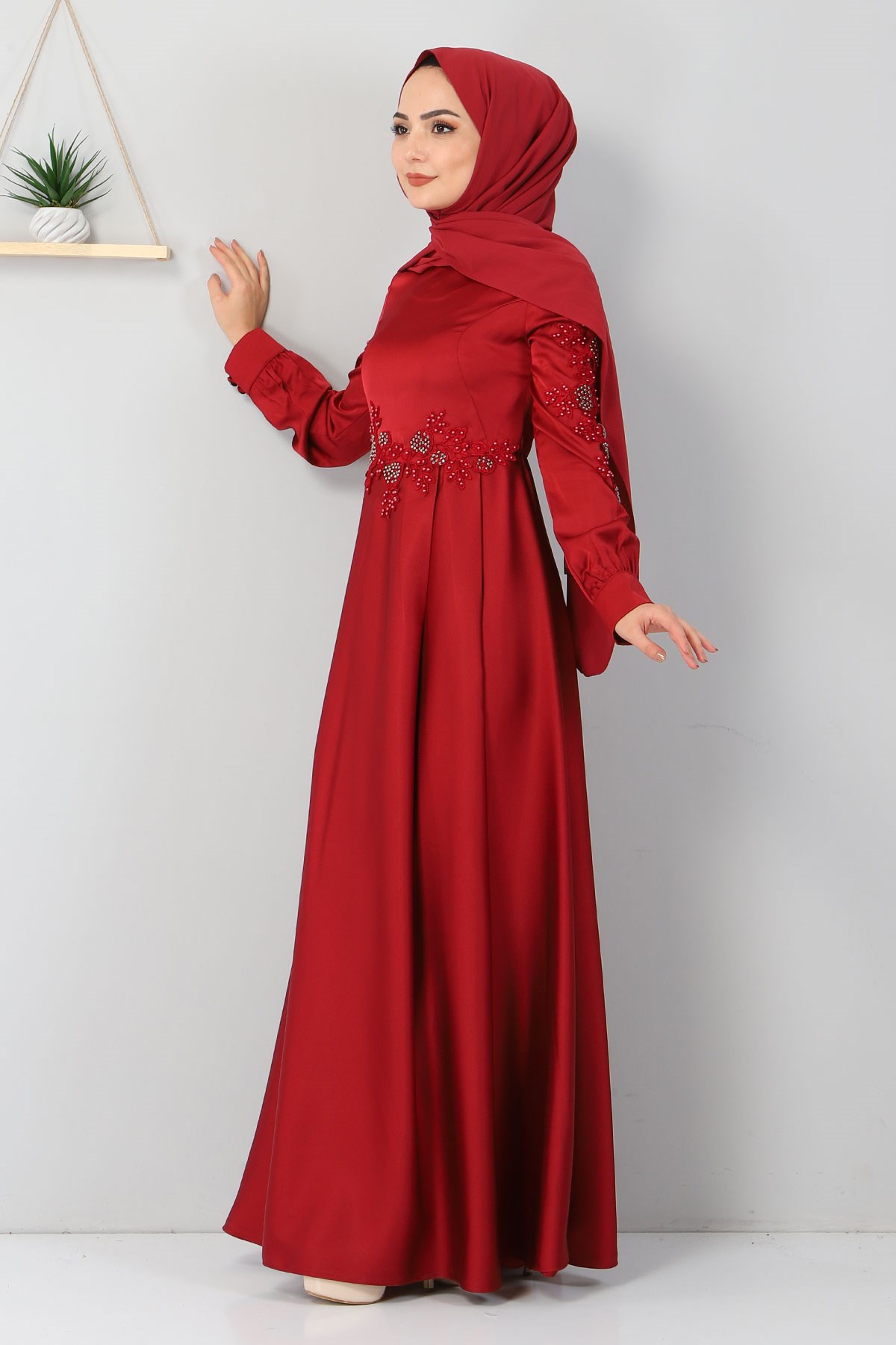 Aplike Dantelli Elbise Bordo 8494