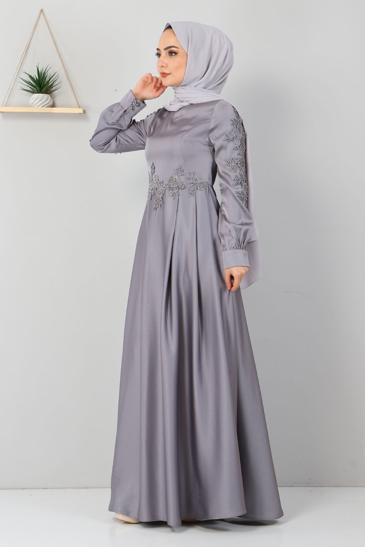 Aplike Dantelli Elbise Gri 8494