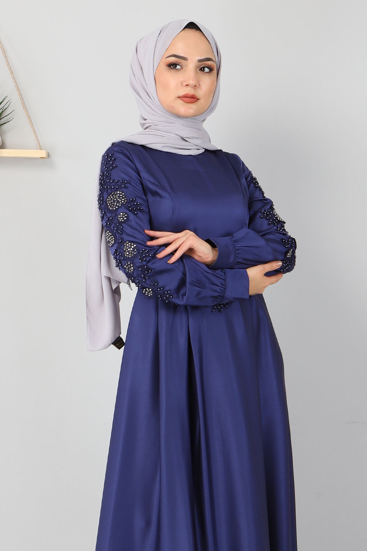 Aplike Dantelli Elbise İndigo 8494
