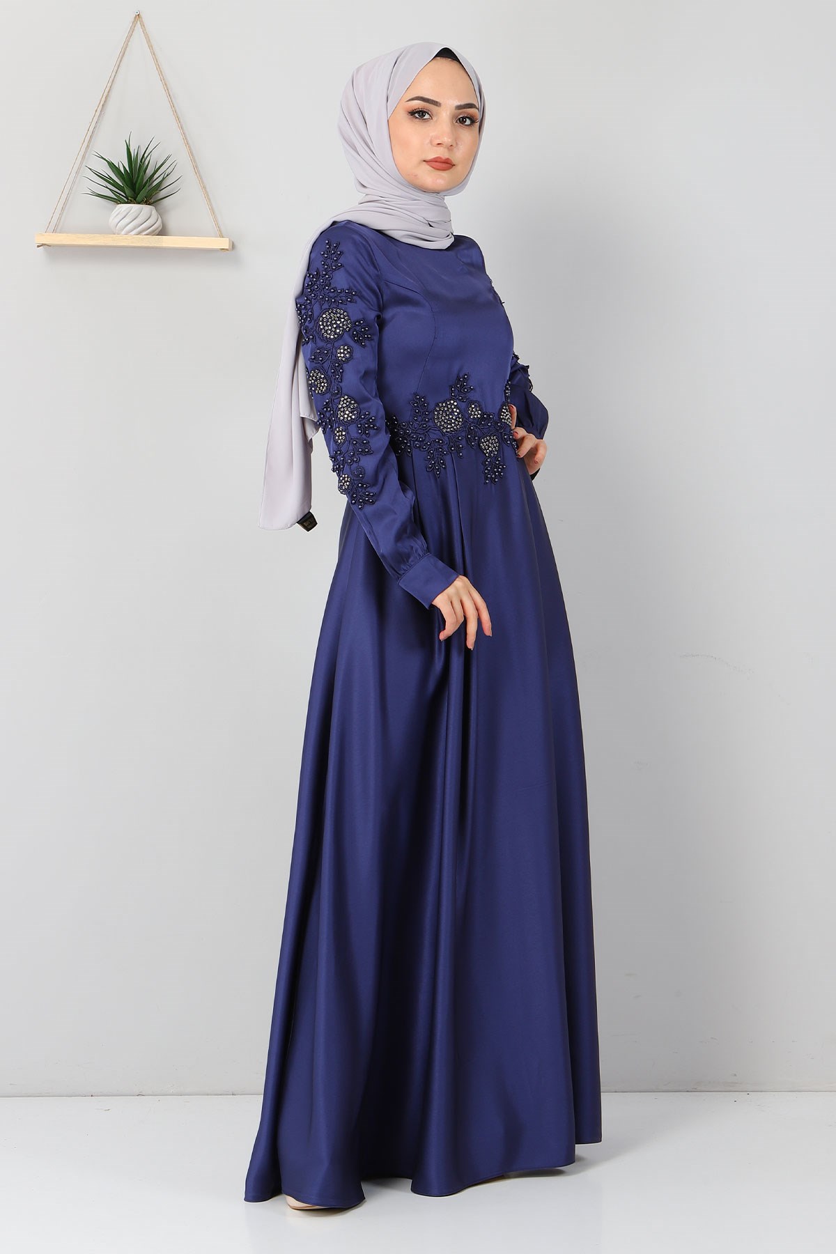 Aplike Dantelli Elbise İndigo 8494