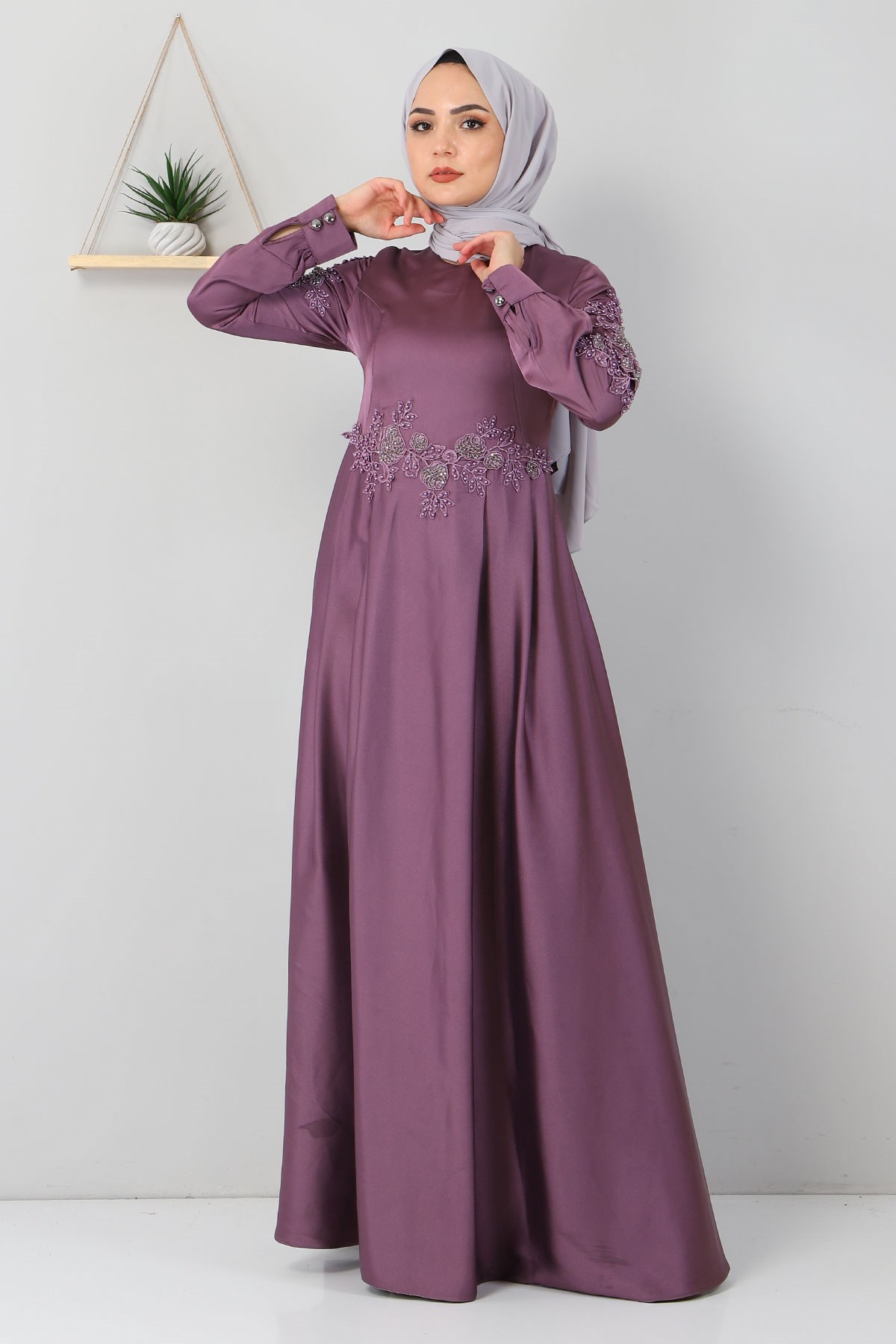 Aplike Dantelli Elbise Lila 8494
