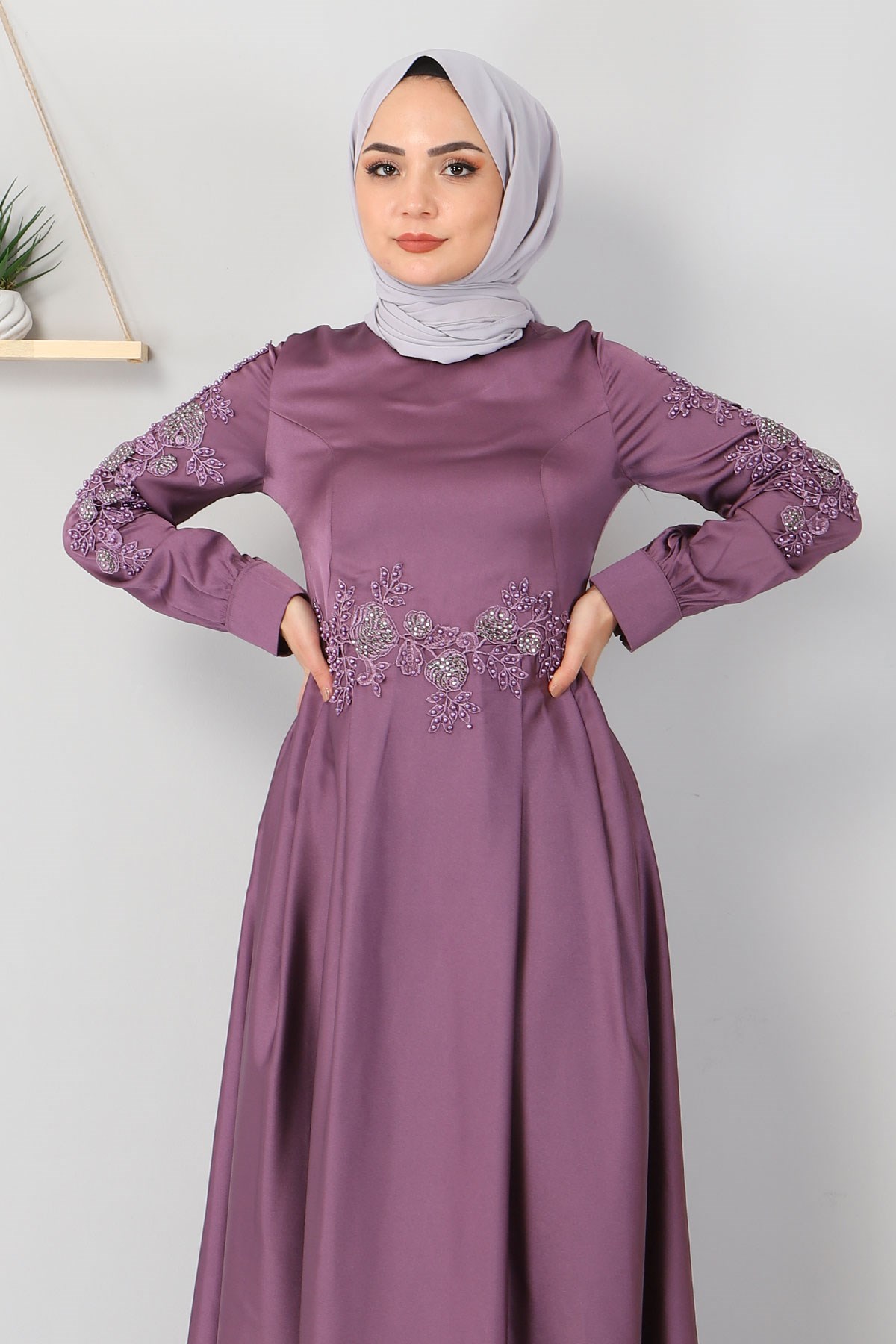 Aplike Dantelli Elbise Lila 8494